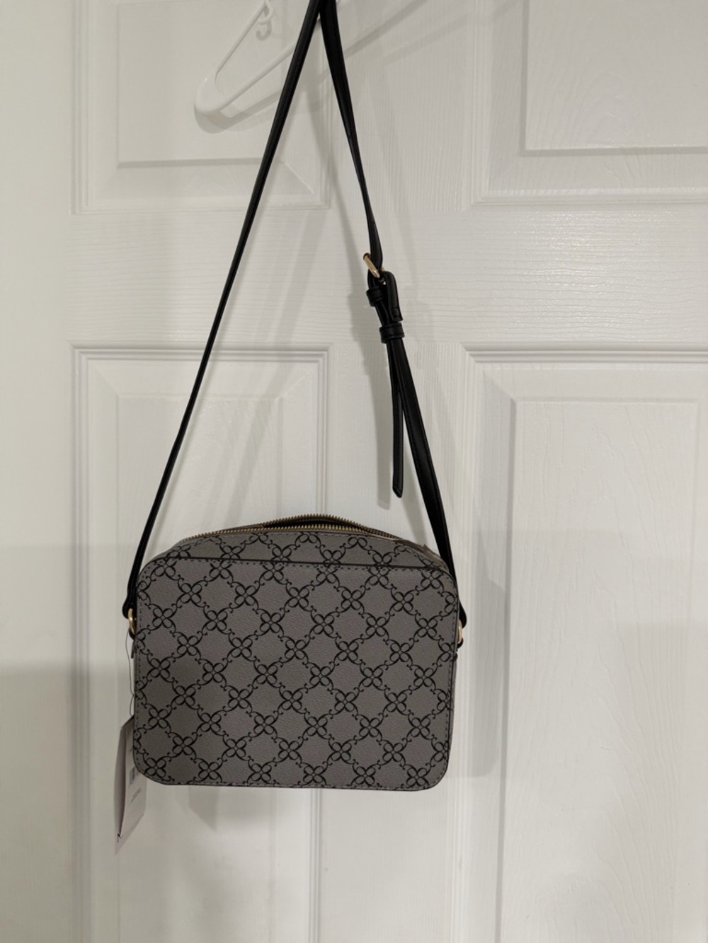 Gray Patterned Crossbody Bag with Black Strap